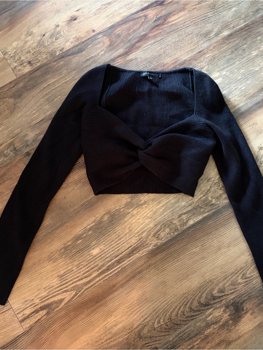 Cotton Candy Black Cropped Twist-Front V-Neck Sweater